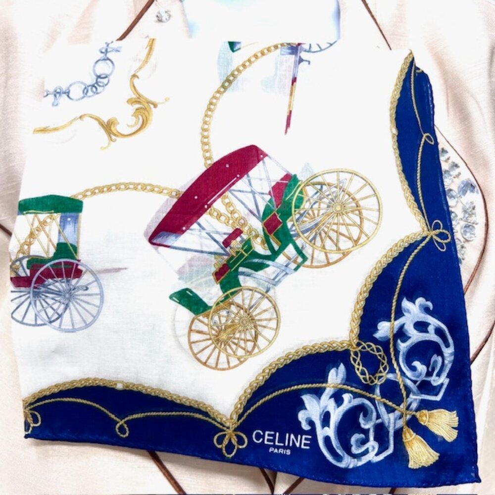 New GreatGift Celine Paris Mini Scarf 19" Cotton Carriage blue white logo( 54) - Picture 3 of 8